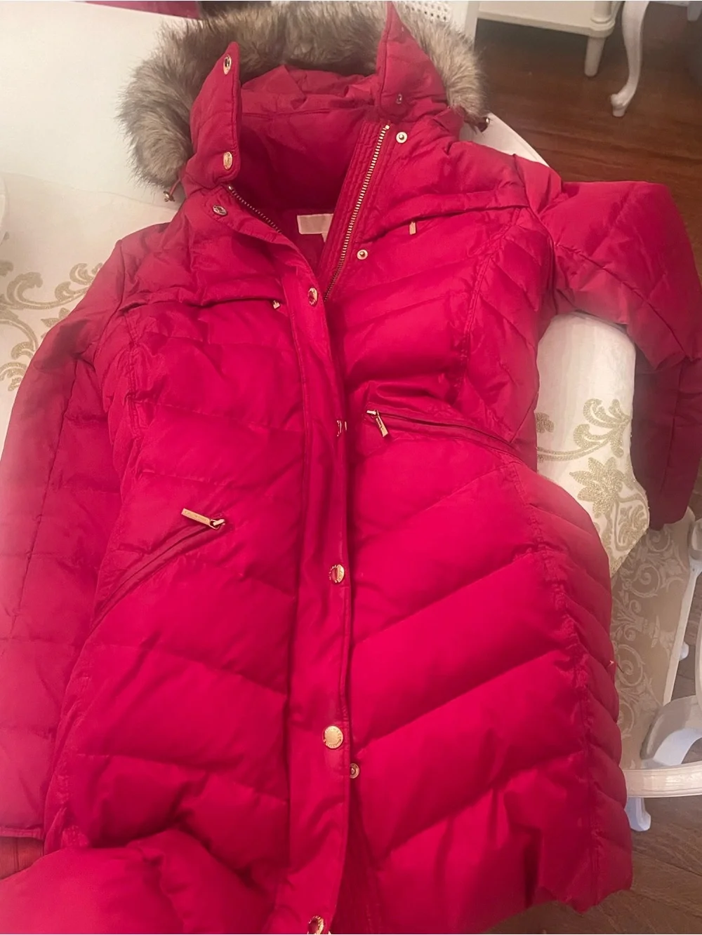 Michael Kors Red Long Quilted Puffer Coat with Faux Fur Hood